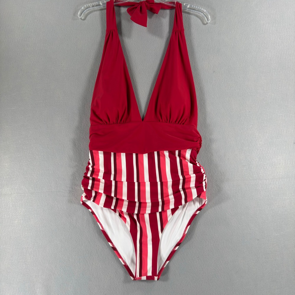 Cupshe Womens Red‎ Striped Ruched Halter V-Neck One Piece Swimsuit XL NEW